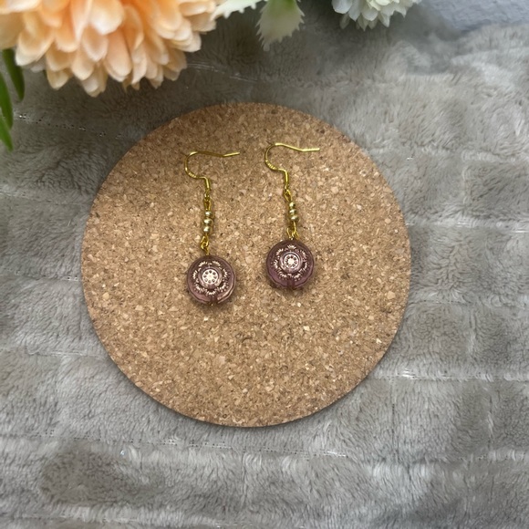 Purple Flower Beaded Dangle Earrings - Picture 1 of 3